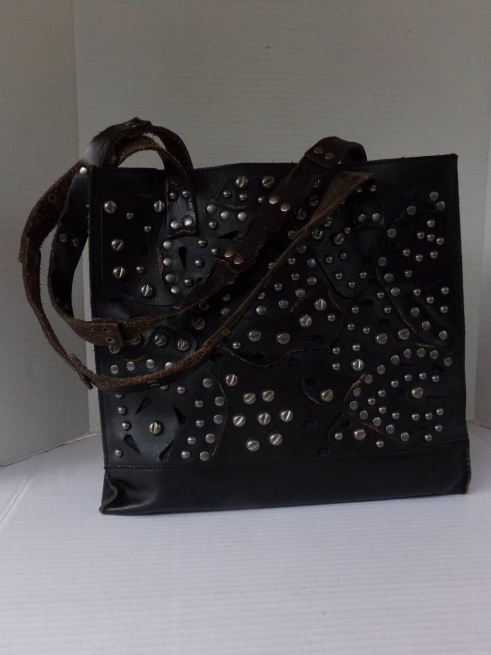 Patricia Nash Leather Black Shoulder Bag Purse Tote Biker Stud Studded Distress